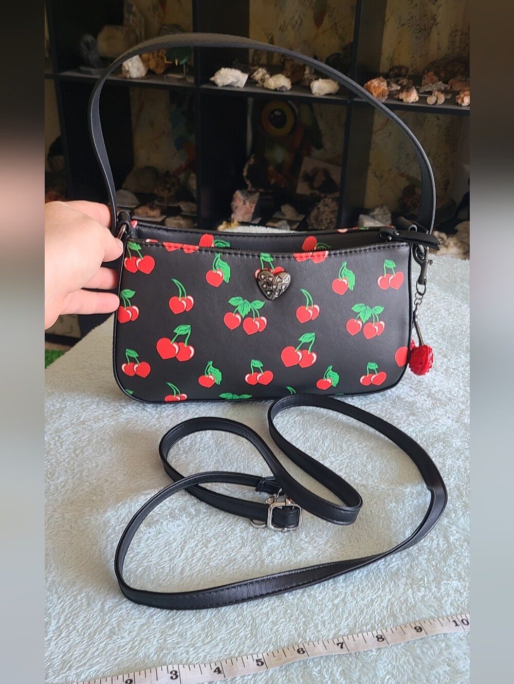 Betsey Johnson Black Cherry Print Crossbody Bag with Red Charm - Picture 14 of 14